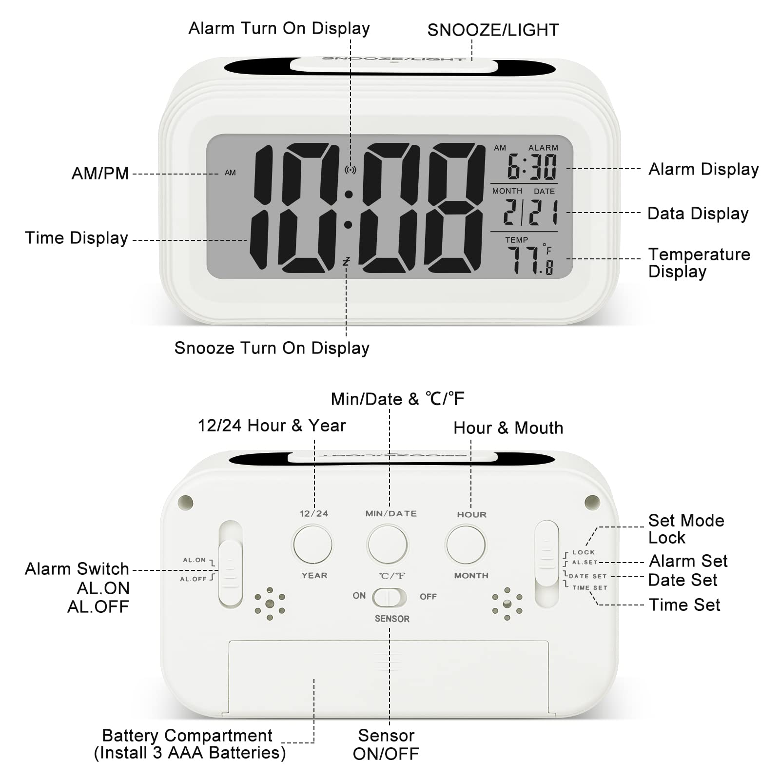 Sarsumir Sveglia Digitale Reveil Digital Reveil Mattina Silenziosa e Intelligente a Batterie con LED Risveglio Luminoso con Funzione Snooze Data Temperatura per Bambino Adolescente Ragazza Ragazzo
