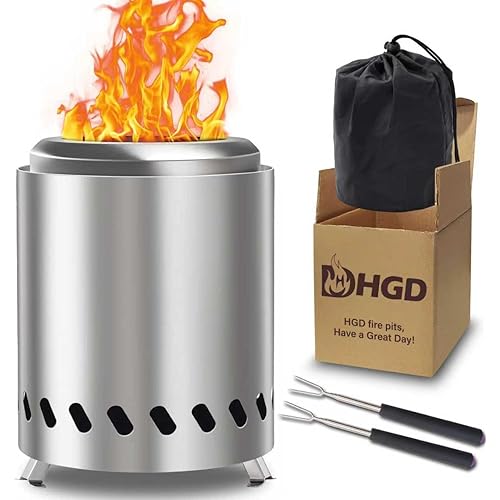 HGD Small Tabletop Fire Pit 8.0 x 5.5 in, Portable Mini Smokeless Table Top Firepit, Low Smoke Camping Stove for Outdoor/Patio, with Travel Bag & Forks, Fueled by Pellets/Wood, Stainless Steel, Silver