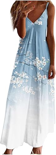 Vestidos florales para mujer 2023 2024, sin mangas, dobladillo fluido, vestido largo fruncido con cuello en V, vestidos de sol, vestido suelto de