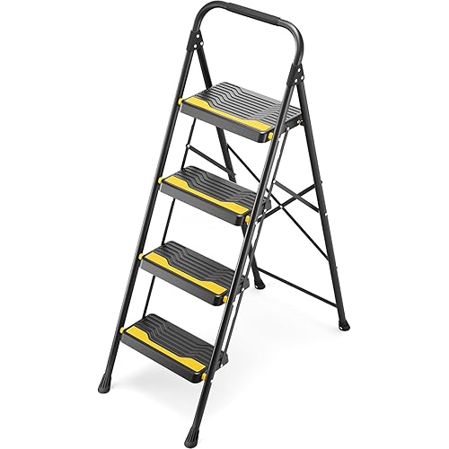 4 Step Ladder, Heavy-Duty 800lb Capacity, Wide Anti-Slip Steps & Secure Handrail Compact, Folding Step Stool Portable Design for Home, Kitchen, Office, Pantry, Closet Use, Black