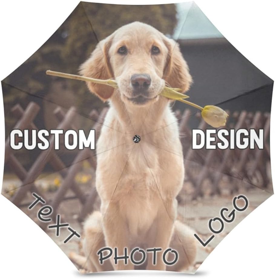 Personalized Custom Umbrella With Text Logo Photo Customized Dog Cat Pet Pictures Compact Travel Folding Windproof Rain & Sun Umbrella Funny Gift for Men Women Mom Dad