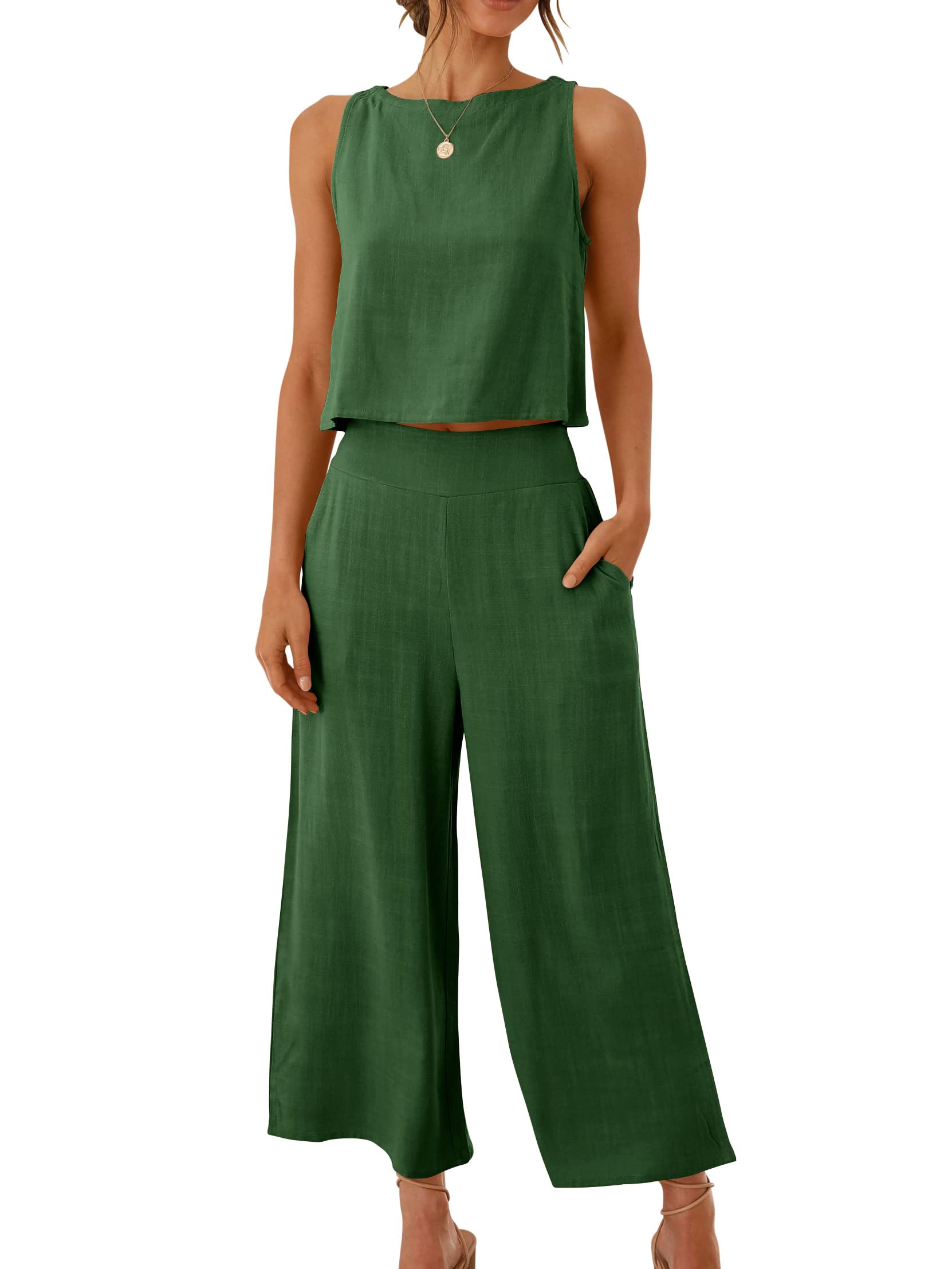ANRABESS Women's Summer 2 Piece Outfits Sleeveless Tank Crop Button Back Top Cropped Wide Leg Pants Set Pockets 546lvse-M