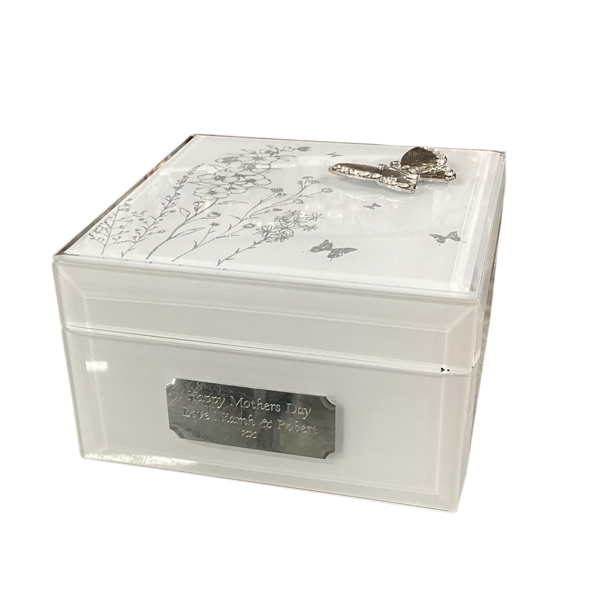 Personalised Square Medium Sized Butterfly Floral White Jewellery Trinket Box - Engraved With A Message Of Your Choosing