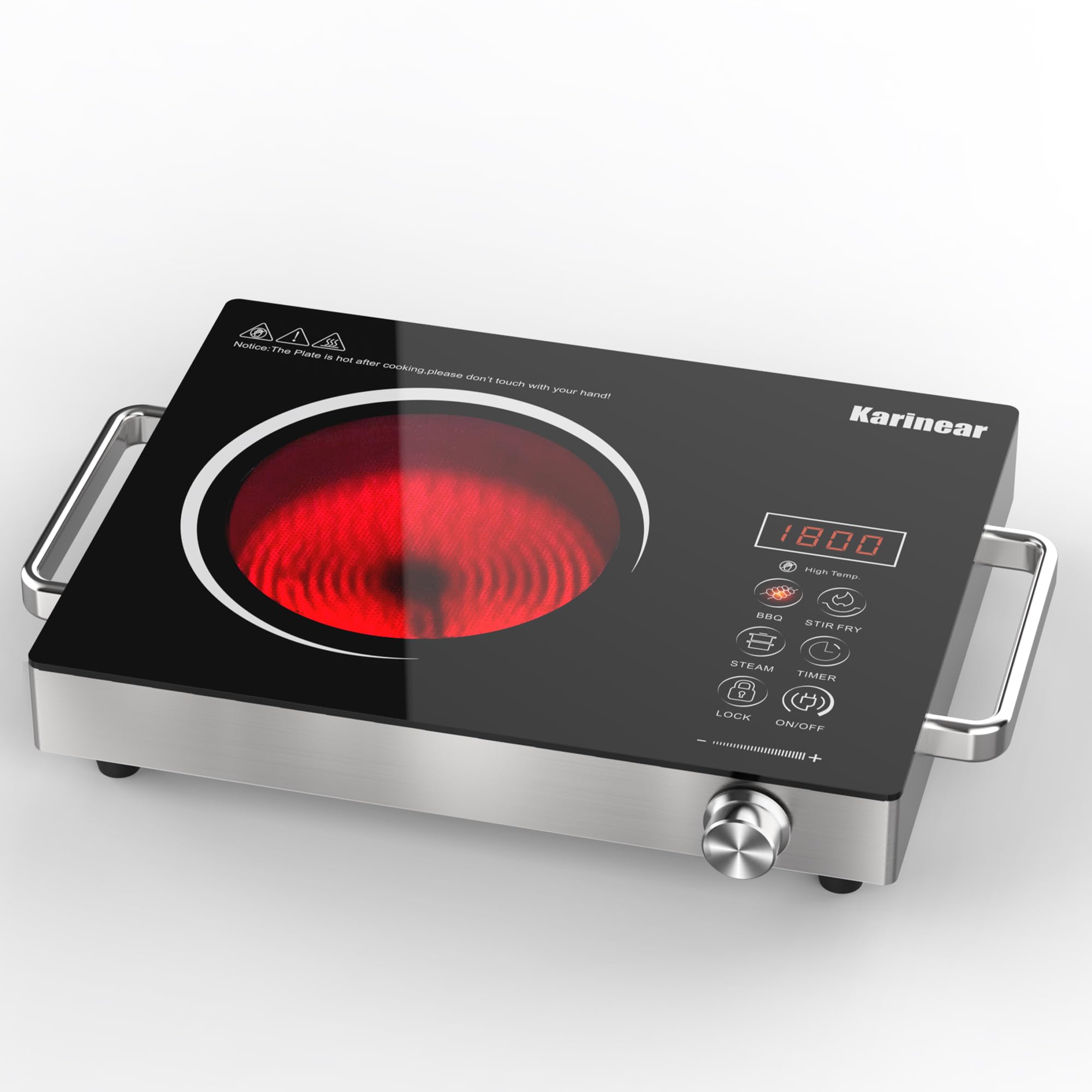 Karinear Portable Electric Stove 110V, 1800W Electric Hot Plate with Handle, Knob Control Single Burner Electric Cooktop, Ceramic Infrared Countertop Burner, Timer, Safety Lock