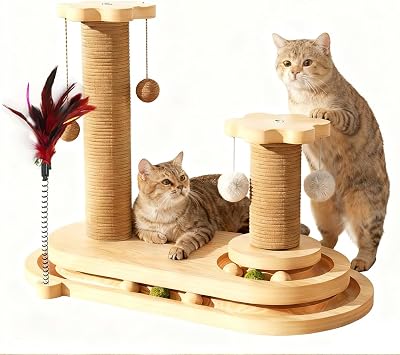 Cat Scratching Post, Sisal Cat Scratcher Post - 4-in-1 Cat Solid Wood Activity Center | Indoor Interactive Cat Toy with Trackball Rolling, Feather Teaser, Hanging Balls & Natural Catnip Ball