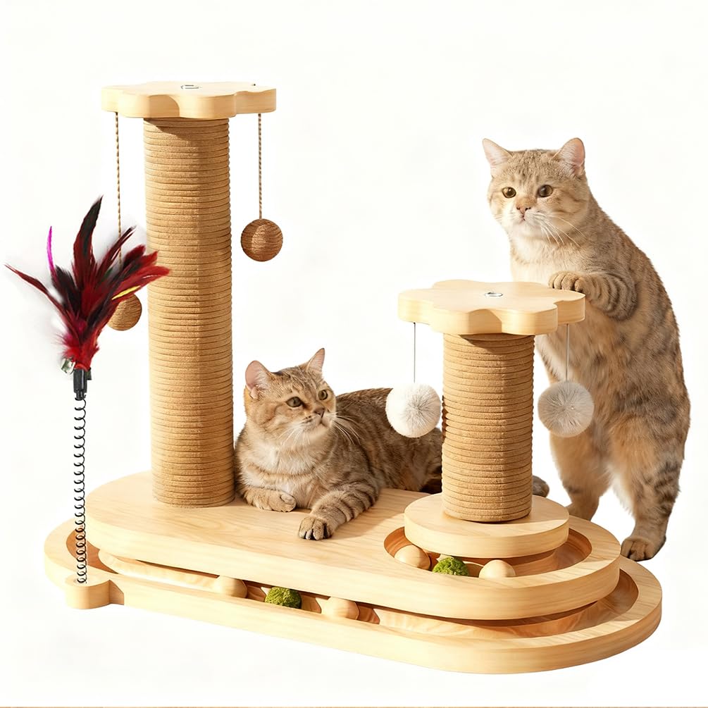 Arbre à chat en sisal et bois massif avec jouets interactifs intégrés