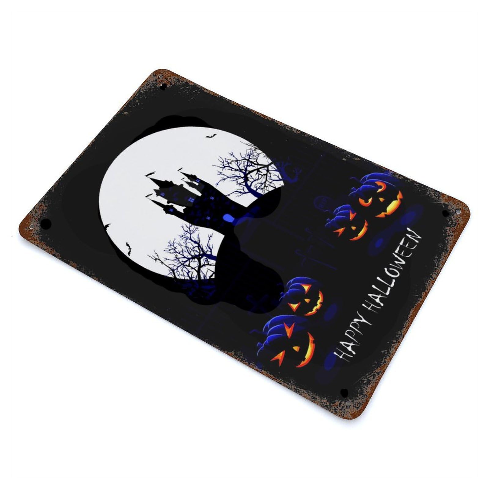 Halloween Castle & Pumpkins Rustic Tin Plaque 11.8"x7.9", Ideal for Shed, Workshop And Garage Wall Decor