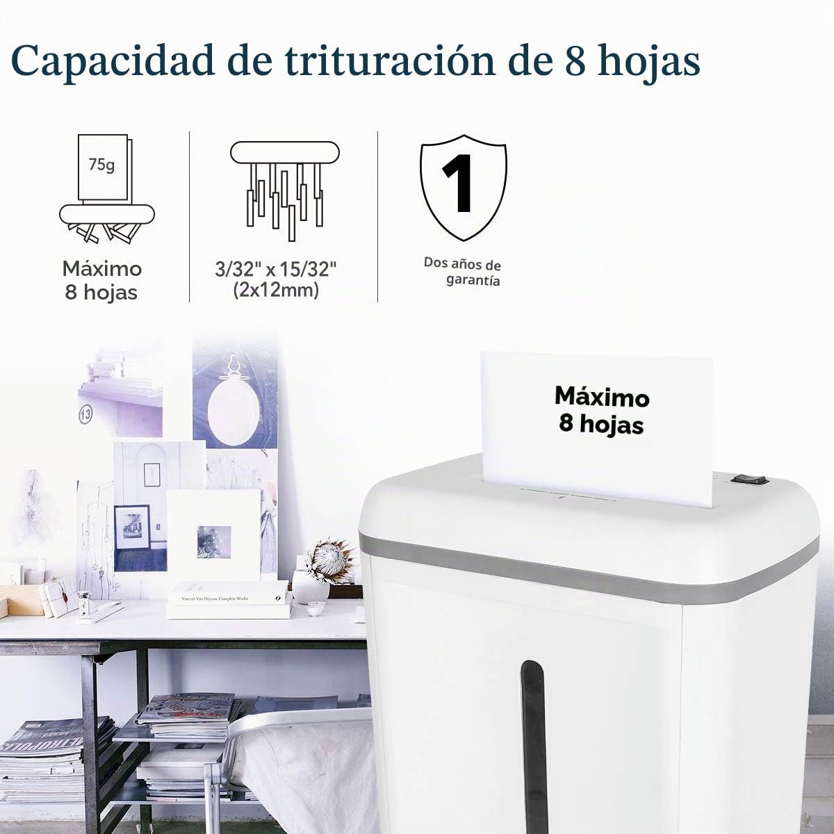 WOLVERINE SD9101 Trituradora P5 microcorte, 8 Hojas, ultrasilenciosa, contenedor 17 l, Blanco