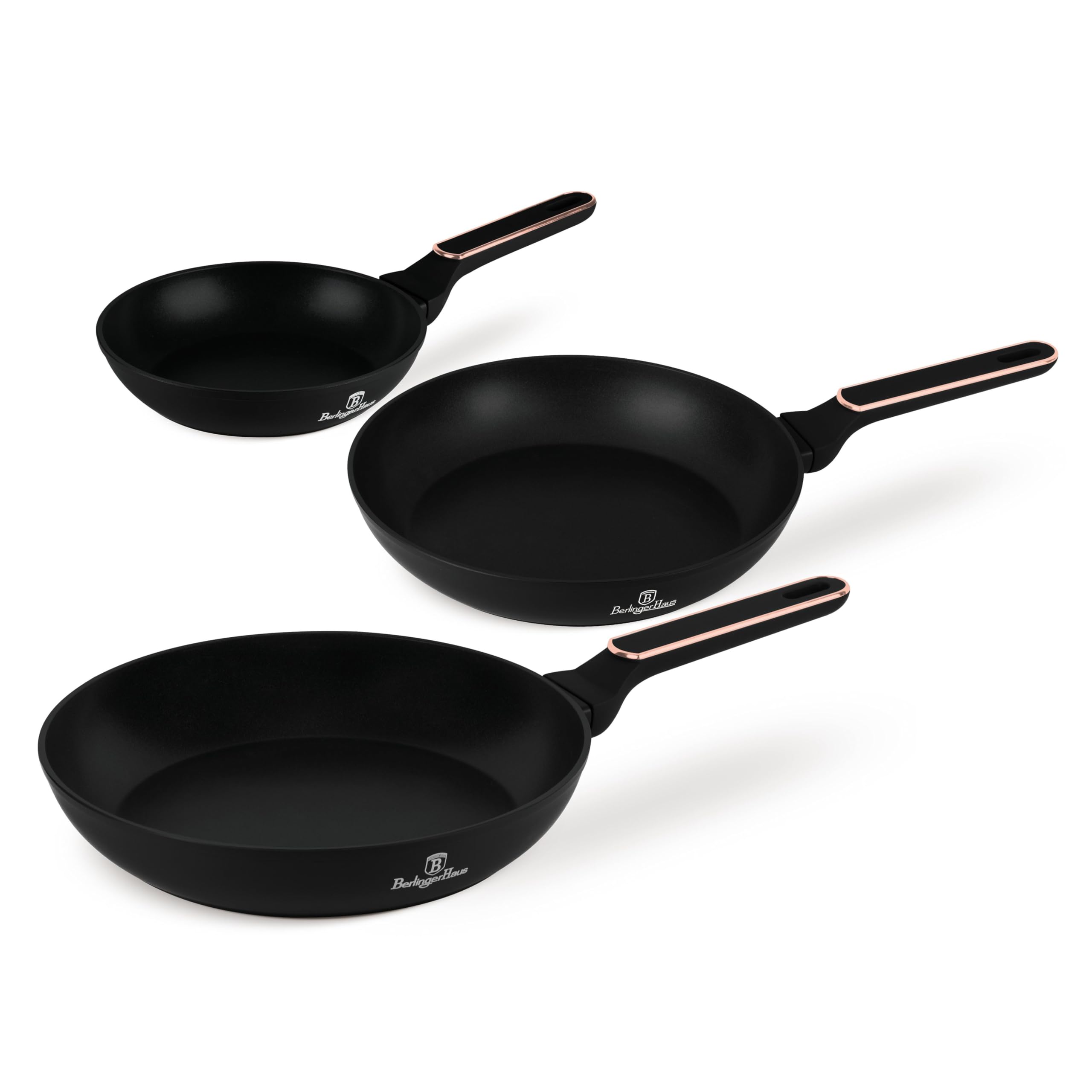 Berlinger Haus Juego de Sartenes Antiadherentes (3 Piezas) - Aluminio Forjado, TitanPro, Inducción, Mango Ergonómico, Negro/Rosa, Colección Black Rose