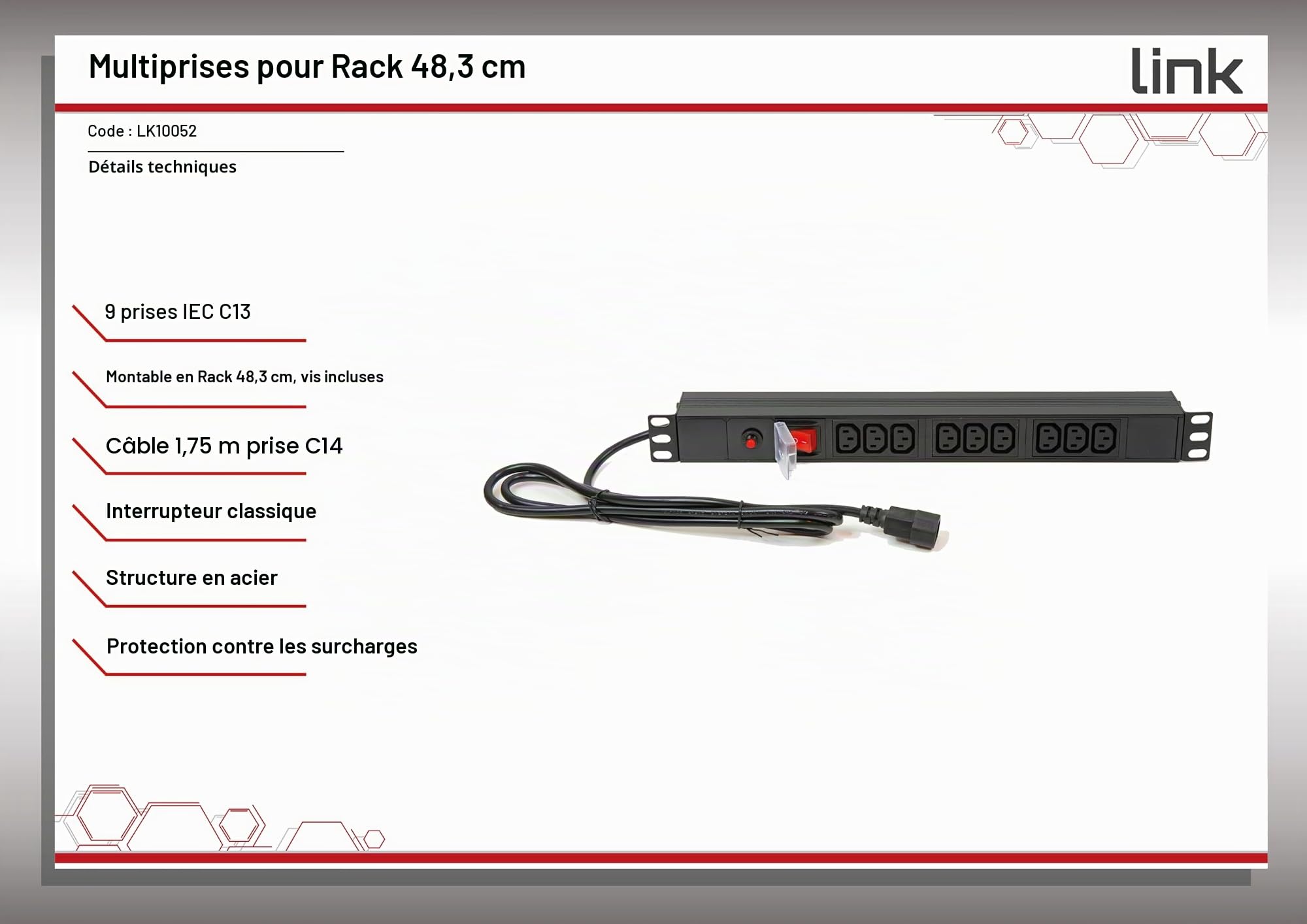 Link LK10052 Multiprise, 9 Prises Femelles IEC C13, pour Rack de 19”