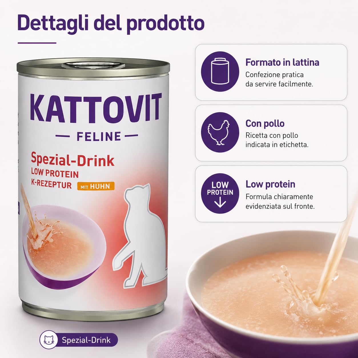 Kattovit Renal Drink Pollo per Gatti Adulti 12 x 135 ml, Bevanda Complementare con Succo di Carne e Filetto di Petto di Pollo, Supporto Liquidi e Benessere Renale