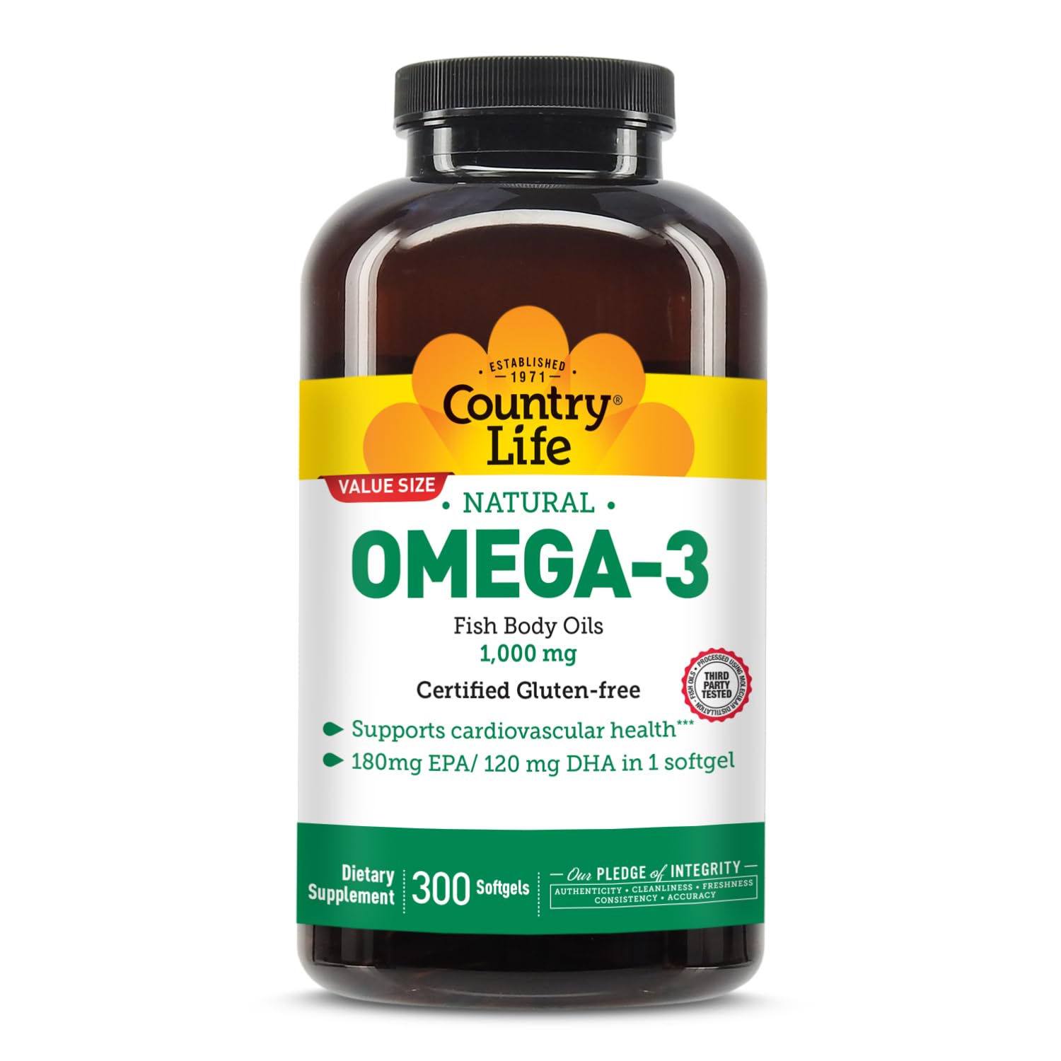 Country Life Omega-3 Fish Oil Supplement, 1000mg, 180mg EPA & 120mg DHA, Fish Oil Concentrate, Burpless, 300 Softgels, Certified Gluten Free