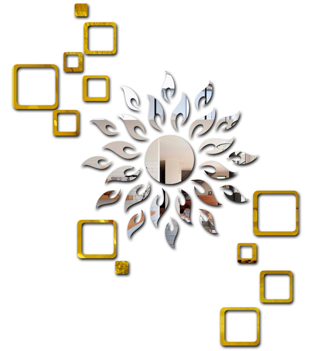 Walltech Sun Silver with Square 2 Set Golden 3D Mirror Acrylic Wall Sticker for Home Decor