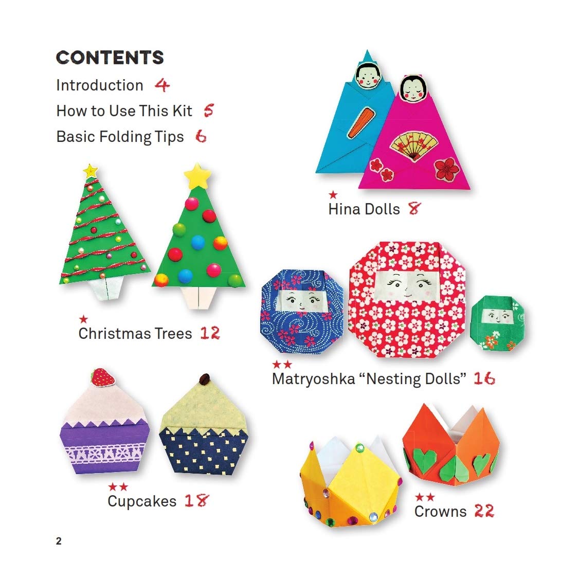 Contents page from the instruction book showing small images of various origami projects including Christmas Trees, Hina Dolls, Matryoshka Dolls, Cupcakes, and Crowns.
