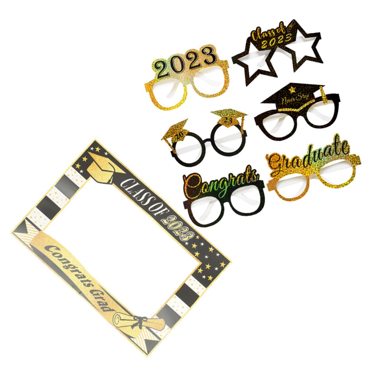 OUNONA 4 Juegos Props de Gafas de graduación Accesorios de Fiesta Puesto felicidades Graduado Oro Propiedad de Fotos de graduación anteojos Accesorios para Fotos Papel