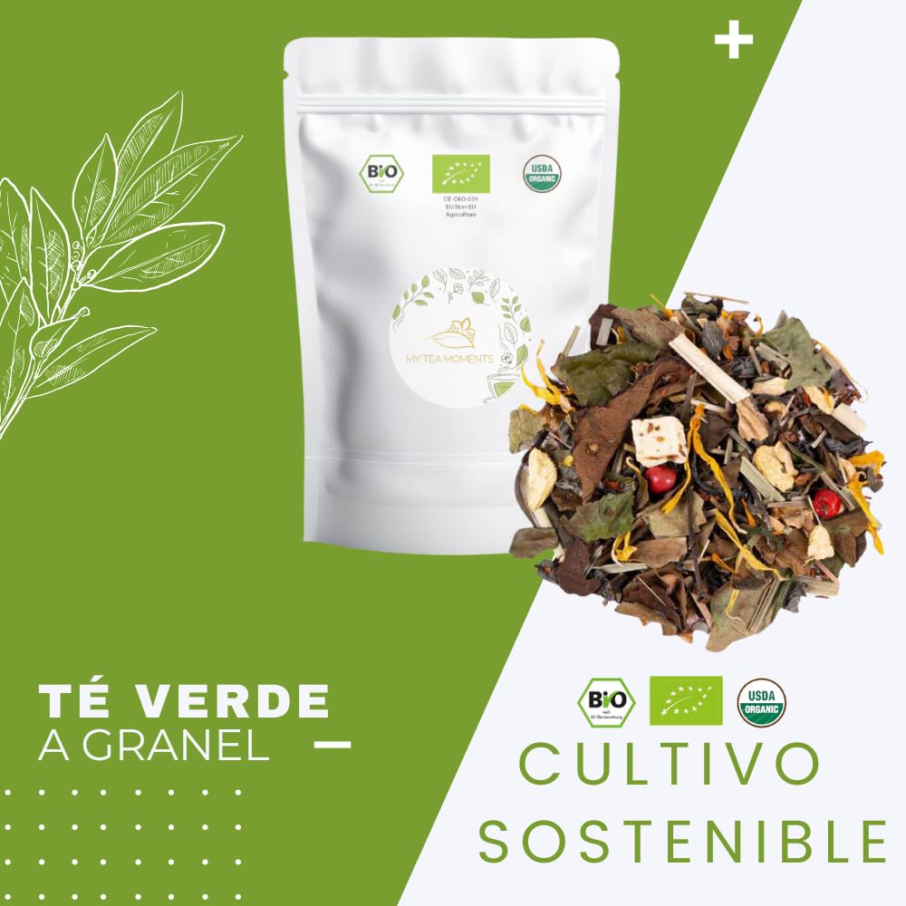 Mezcla Te Verde y Blanco Jengibre y Mango a Granel 100 Gramos - My Tea Moments - Cultivo Sostenible - Ingredientes Naturales: Caléndula, Citronela, Guaraná, Jengibre, Mango, Pimienta Rosa, Tulsi.