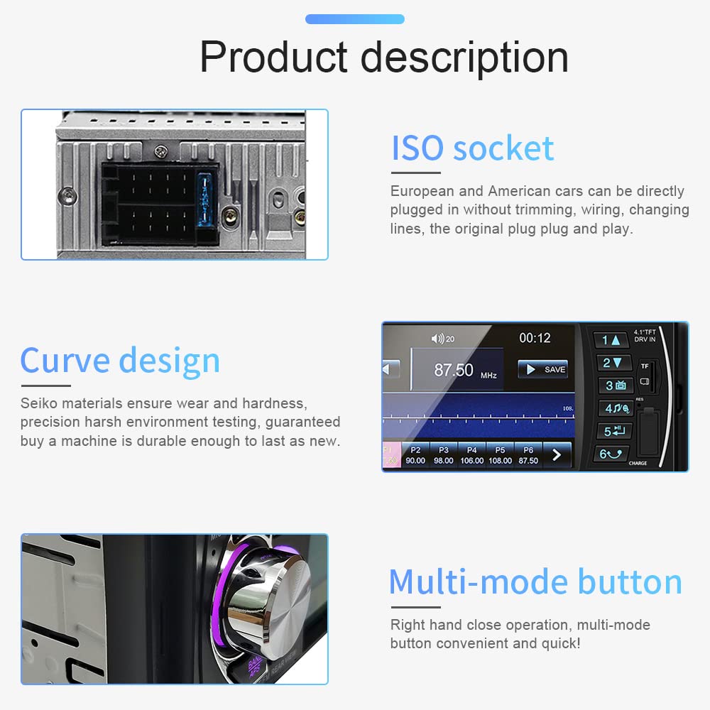 Hikity Radio Coche 1DIN Bluetooth, Pantalla Digital TFT 4.1'' | Manos Libres, Cámara Trasera, FM USB AUX TF, SWC, Estéreo, Radio Pantalla 1 Din
