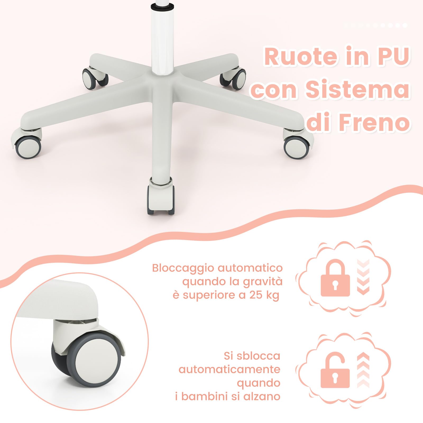 COSTWAY Sedia da Scrivania per Bambini, Sedia Girevole per Computer con Altezza Regolabile, Ruote con Freno, Braccioli Morbidi, Mobile Ergonomica per Bambini 6-15 Anni (Rosa, Rullo di Pressione)