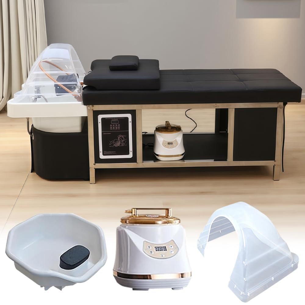 Salon-Spa-Ausstattung, Japanische Kopf-Spa-Ausstattung, Massage-Shampoo-Liege mit Edelstahlrahmen, Unterstützt Wasserzirkulation, Begasung und Lichttherapie, Professionelle Massageliege