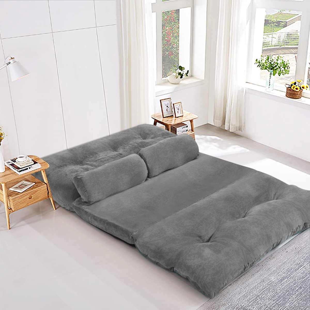 COSTWAY Klappbares Bodensofa, 3 in 1 Schlafsofa mit Schlaffunktion und Verstellbarer Rückenlehne, Sofabett mit 2 Lendenkissen, Klappsofa für Wohnzimmer & Schlafzimmer (Grau)