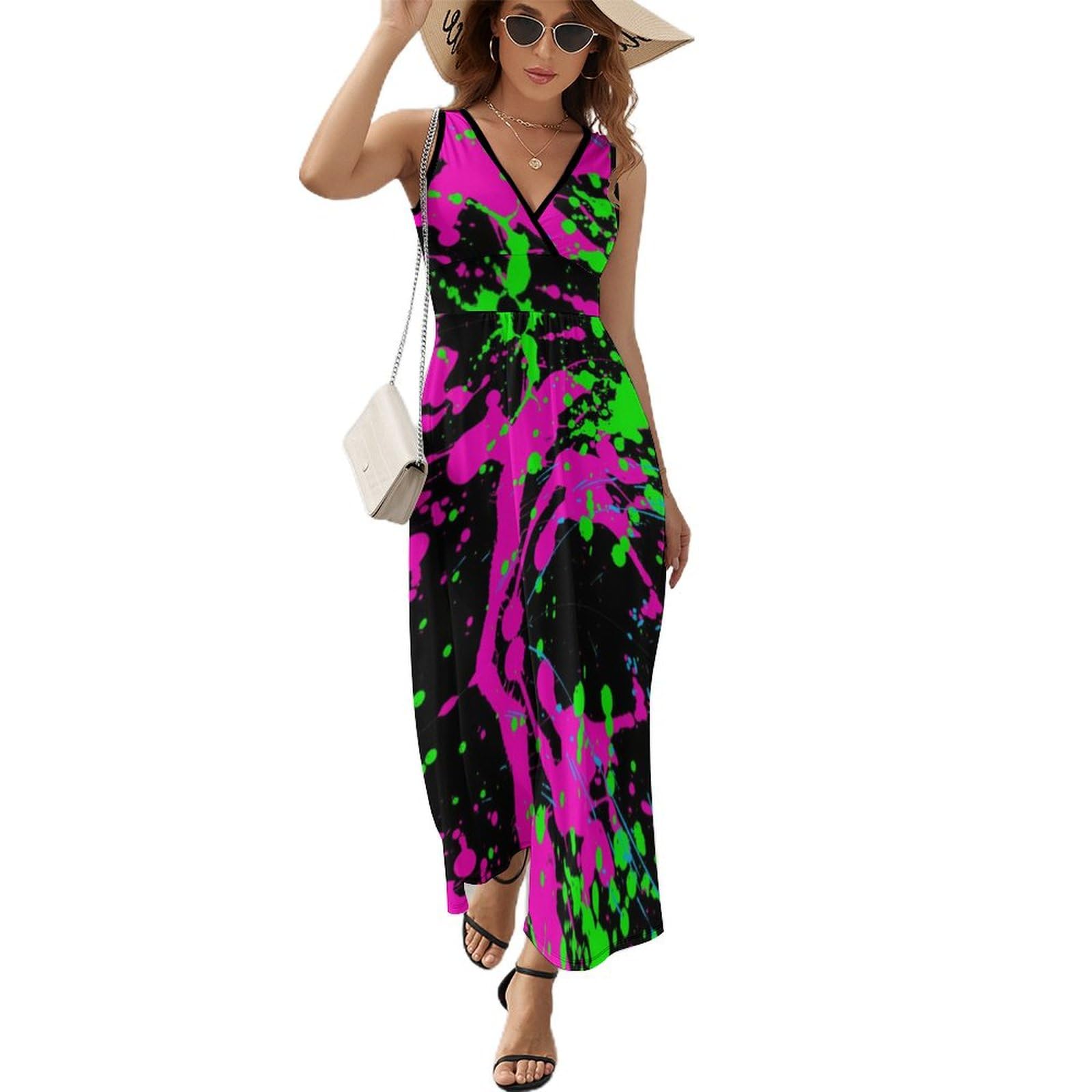 Asbwuo Unisex One Size Glow In Dark Splatter Neon Dress For Women Sleeveless Tshirt Party Beach Work Dresses