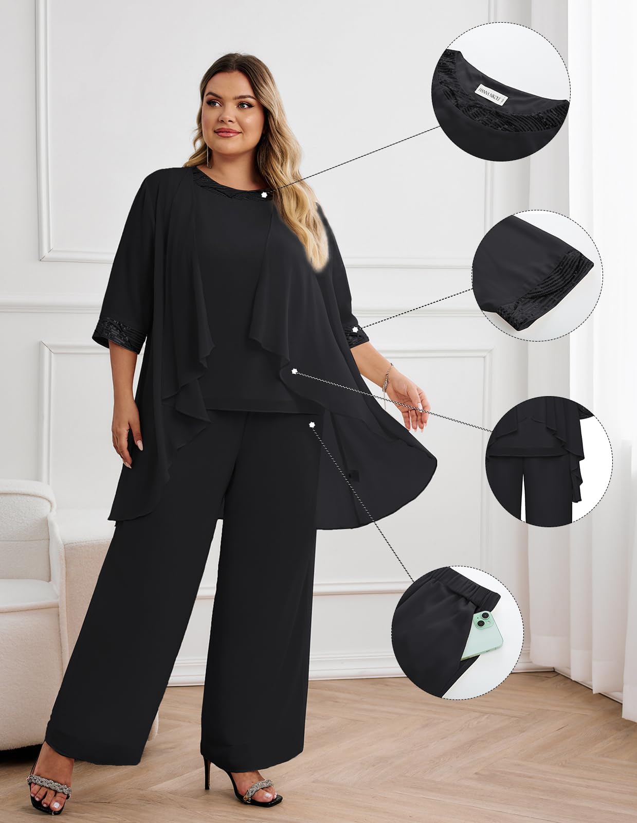 Hanna Nikole Damen Große Größen Chiffon Abendanzug 3-Teiliges Set Cocktail Party Elegant