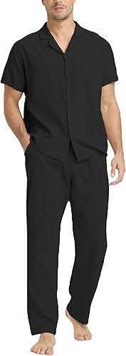 Miniatura 6 de RPOVIG Conjunto de camisa de lino conjunto de 2 piezas de lino para hombre camisas de manga corta pantalones de yoga trajes de playa y boda