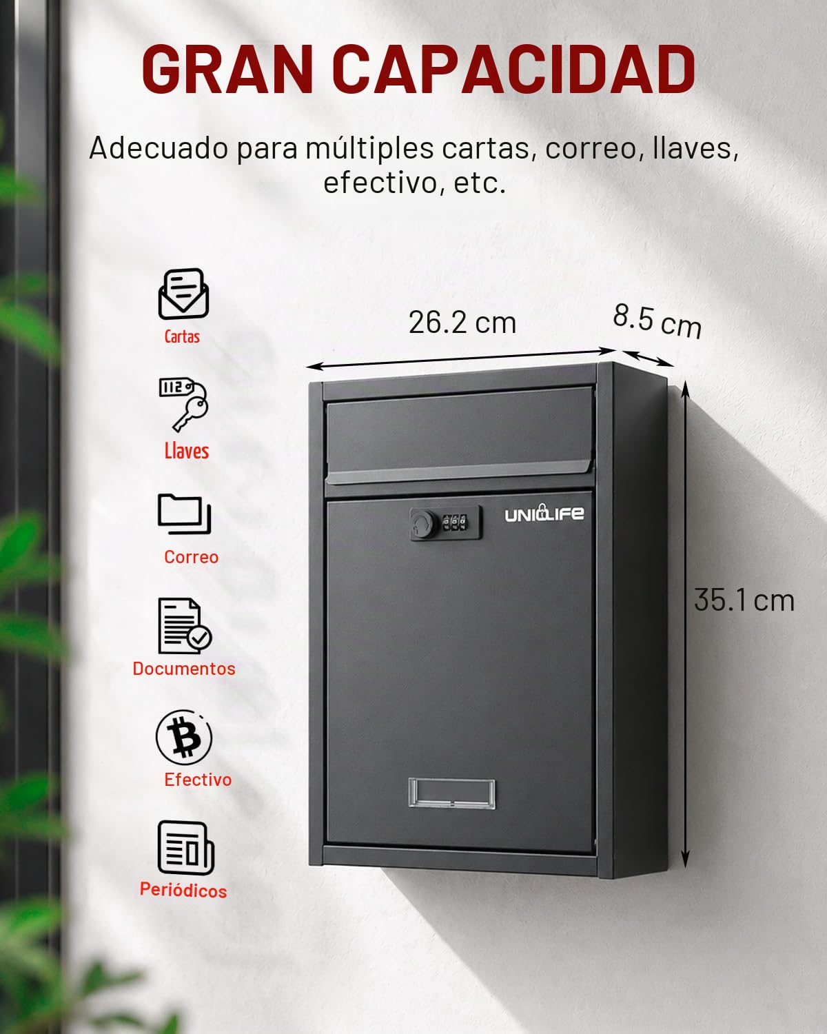 Uniclife Buzón de pared para exterior, gran compartimento de almacenamiento con cerradura de combinación, cierre de seguridad para casa, caja de seguridad, caja de correo, caja de acero para casa