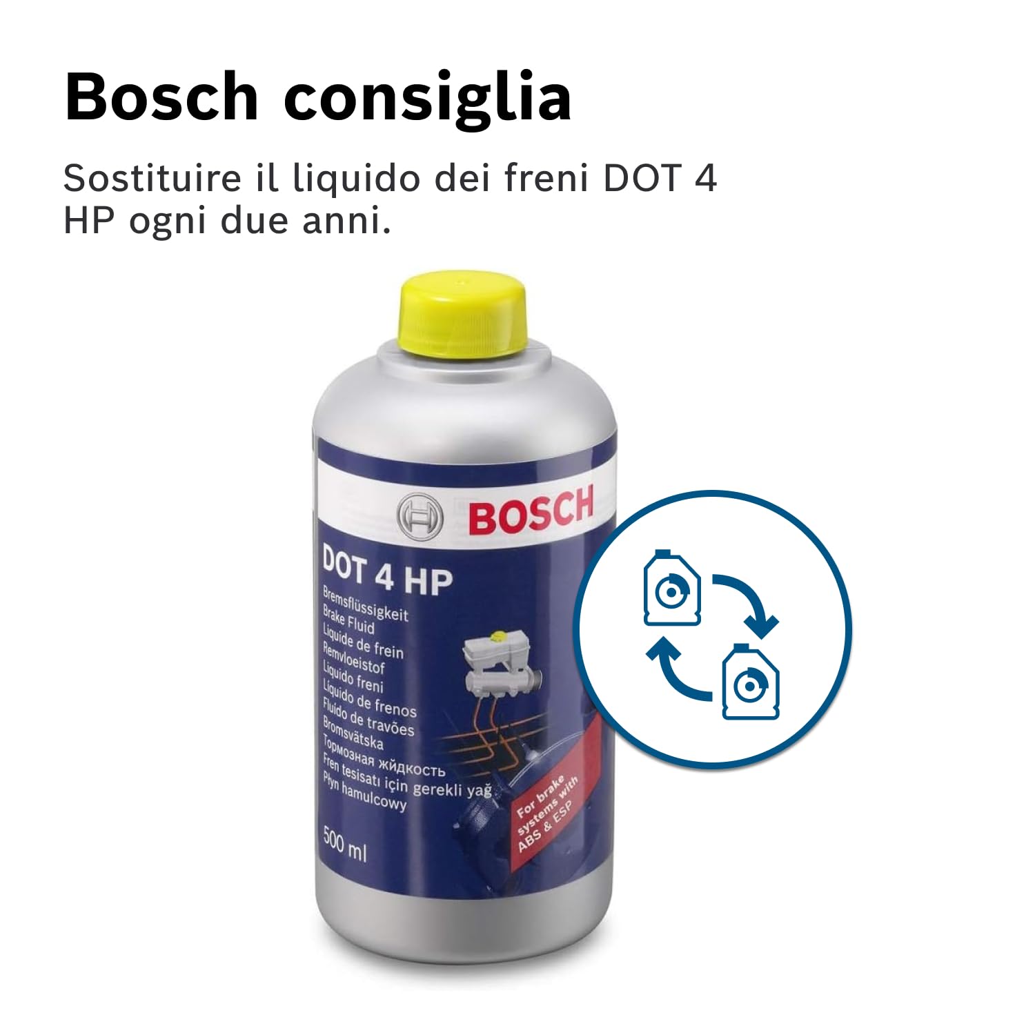 Liquido Freni Bosch DOT 4 HP, 0,5 L – Per tutti i veicoli moderni con freni ABS e ESP