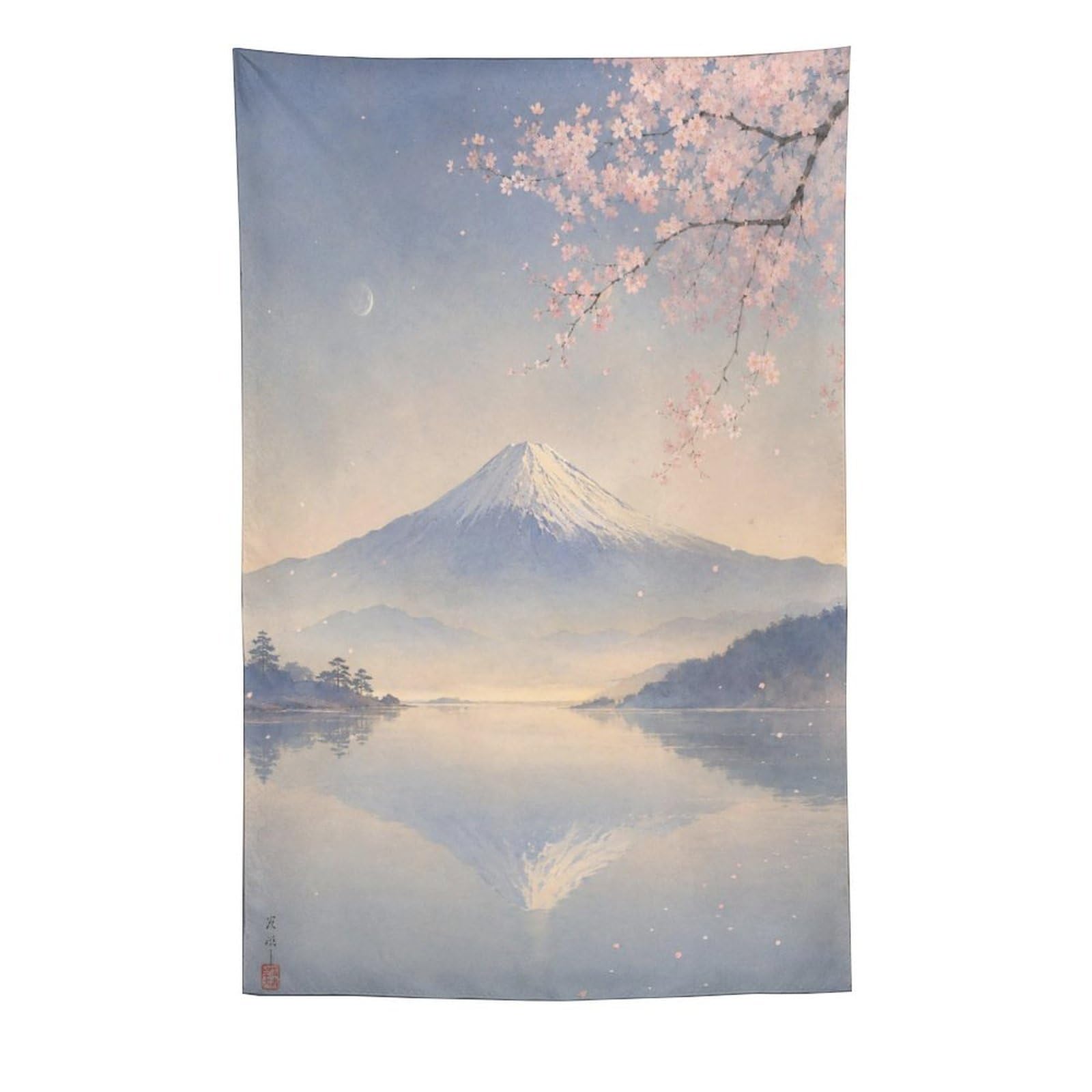 W7C8U2X3 Mount Fuji Lake Reflection Wall Tapestry, Ukiyo-e, Cherry Blossom