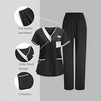 2 Piece Scrubs for Women Set, Medical Women Scrubs Sets, V-Neck Top and Straight Leg Pants Housekeeping Uniforms