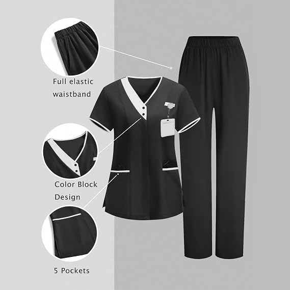 2 Piece Scrubs for Women Set, Medical Women Scrubs Sets, V-Neck Top and Straight Leg Pants Housekeeping Uniforms