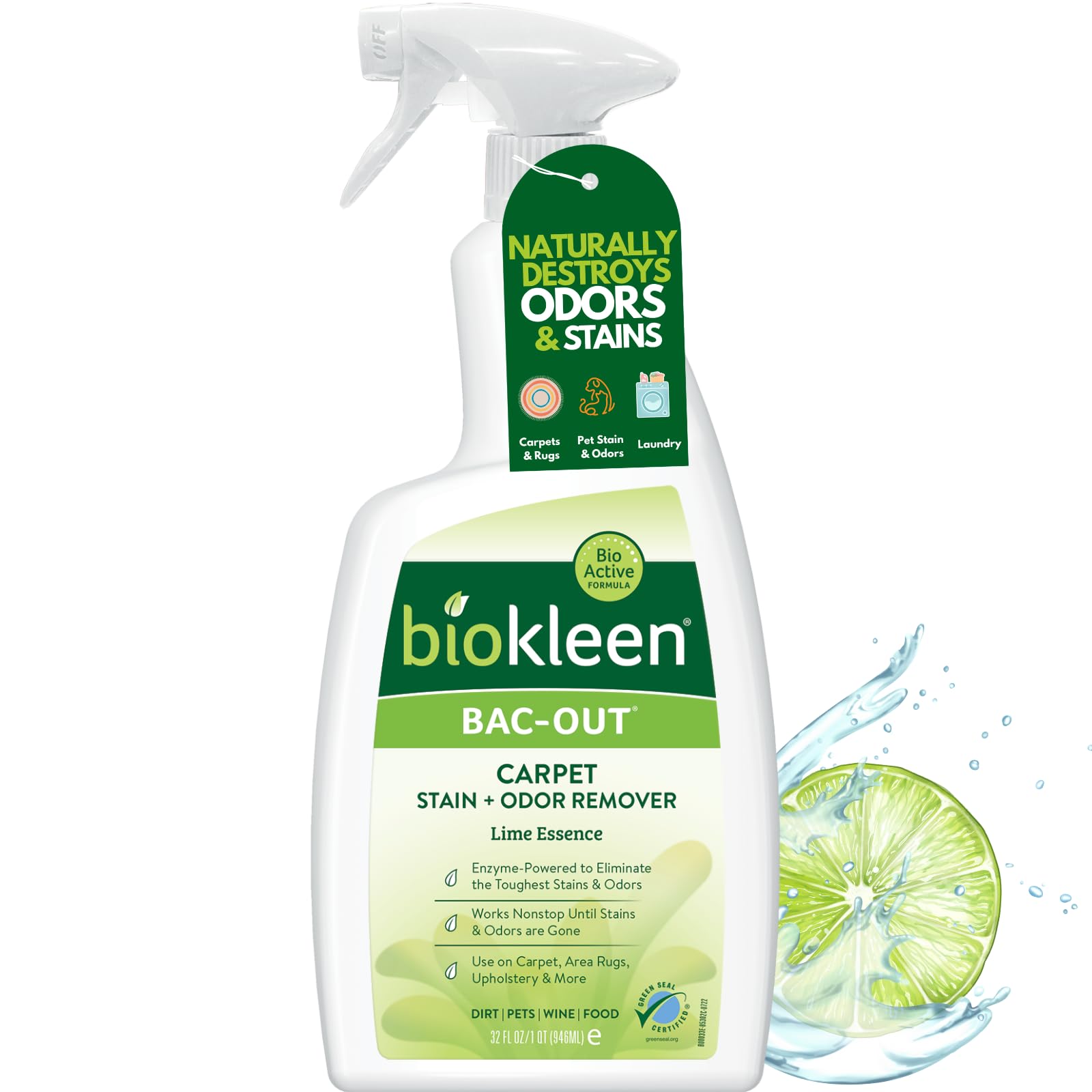 Biokleen Bac-Out Enzyme Stain Remover - 32 Ounce - Natural Foam Spray, Destroys Stains & Odors Safely, for Pet Stains, Laundry, Diapers, Wine, Carpets, Eco-Friendly, Non-Toxic, Plant-Based