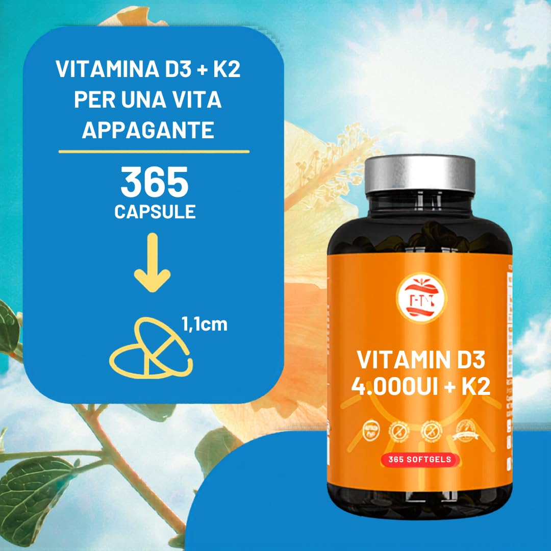 Vitamina D3 K2 (4000 UI) di Alto Dosaggio Vitamina D Supporta alla funzione immunitaria e ossea Integratore Vitamin D3 + K2 altamente concentrata per regolare il metabolismo del calcio 365 Compresse