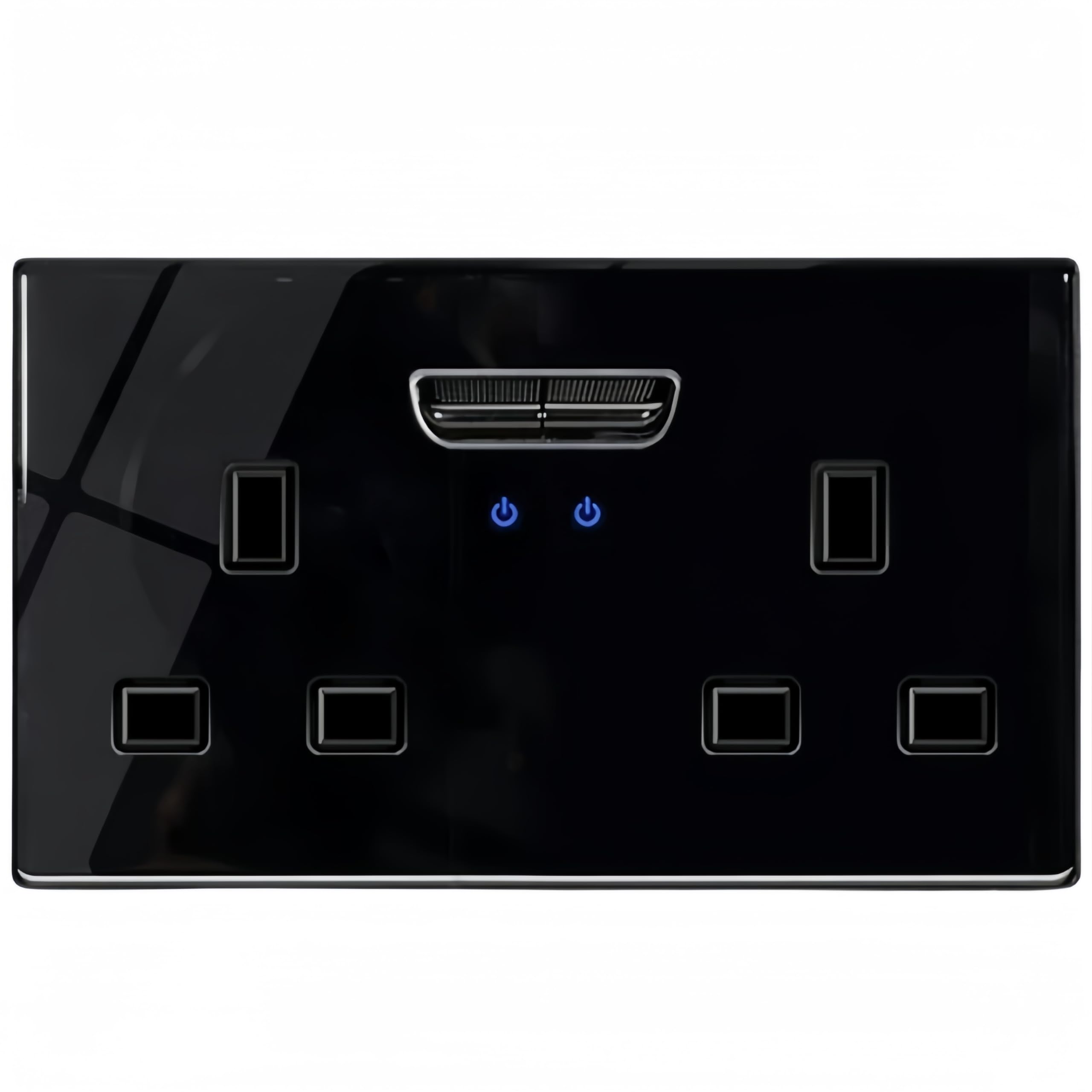 MEI JIA13A Double SocketTempered Black Glass Panel and Light Switches with LED Indicator,UK Standard Wall Power Socket, Artistic Modern Swich soket (13A Double Switched Power Socket)