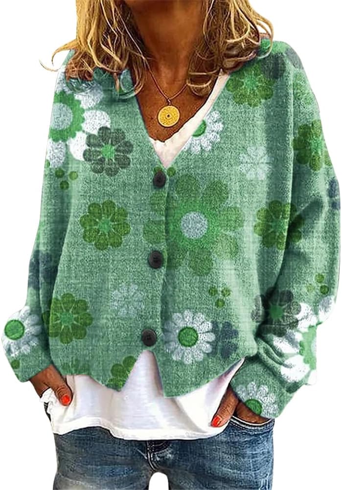 Cardigan Femme Manches Longues Onsoyours - Imprimé Marguerites, Coupe Lâche, Bouton Ouvert, Printemps/Automne