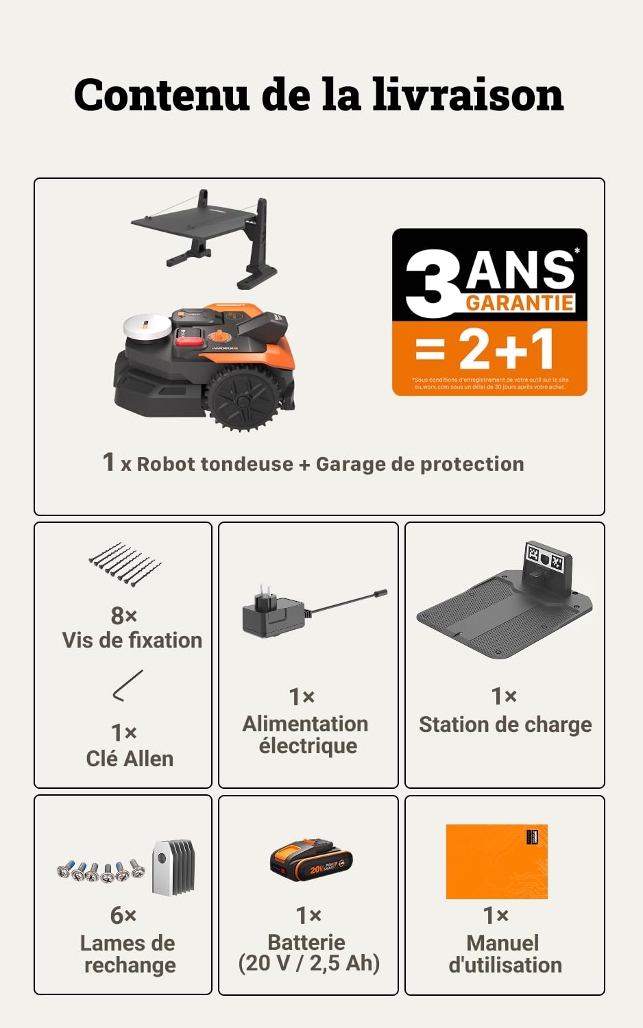 WORX Vision Cloud 2WD WR303E Robot tondeuse 300 m² sans fil périphérique + Garage (évitement d'obstacles par IA, navigation VSLAM + RTK Cloud, cartographie automatique, contrôle via application)