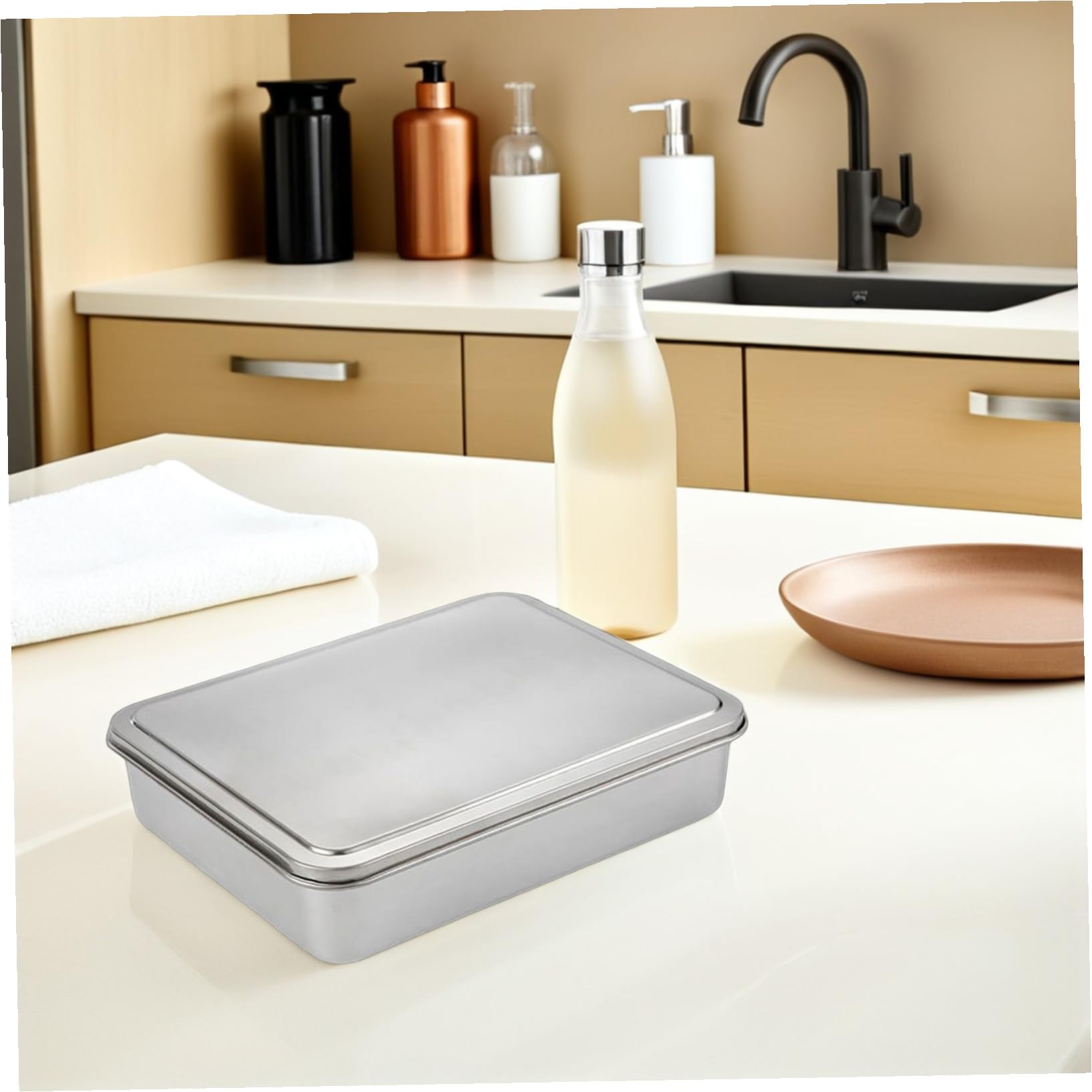 FOMIYES con Tapa para Pasteles de Acero Inoxidable Bandeja Rectangular Adecuado para Hornear y Almacenar Gran Capacidad Tiramisú y Postres