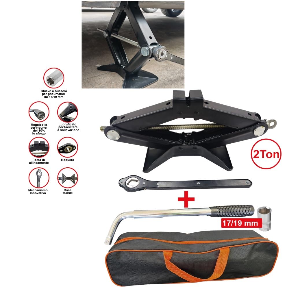 CRIC A PANTOGRAFO DA 2 TONNELLATE COMPATIBILE CON PEUGEOT PARTNER TEPEE KIT PER AUTO CON CRICCHETTO E CHIAVE A BUSSOLA ALLUNGABILE TELESCOPICA SET PER EMERGENZA STRADALE AUTOMOBILI