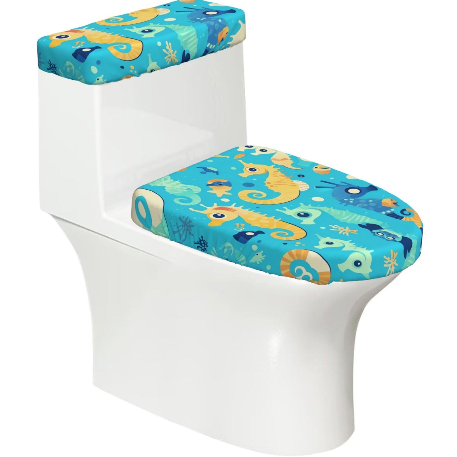 Blue Seahorse 2-Piece Toilet Seat Cover Set with Tank Lid, Elastic Fit for U-Shape & Elongated Toilets, Bathroom Decor, Housewarming Gift