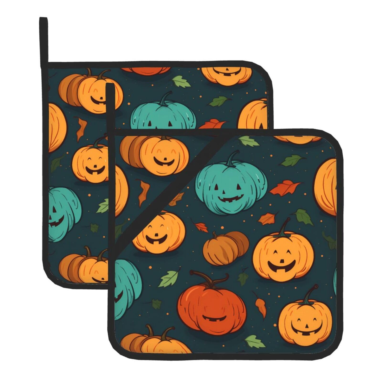 HJFCZH Halloween Pumpkin Printed Square Insulated Pot Mat Set (2-Piece) 8x8in Waterproof, Thickened & Easy to Clean with Lanyard Design for Kitchen, Oven & BBQ