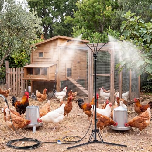 Pickmesh 1 Set Chicken Coop Mister Cooling System 5.3ft Adjustable Standing Poultry Mister with 26ft Hose 360 Outdoor Misting System for Chickens Helps Keep Flocks Cooler During Hot Weather