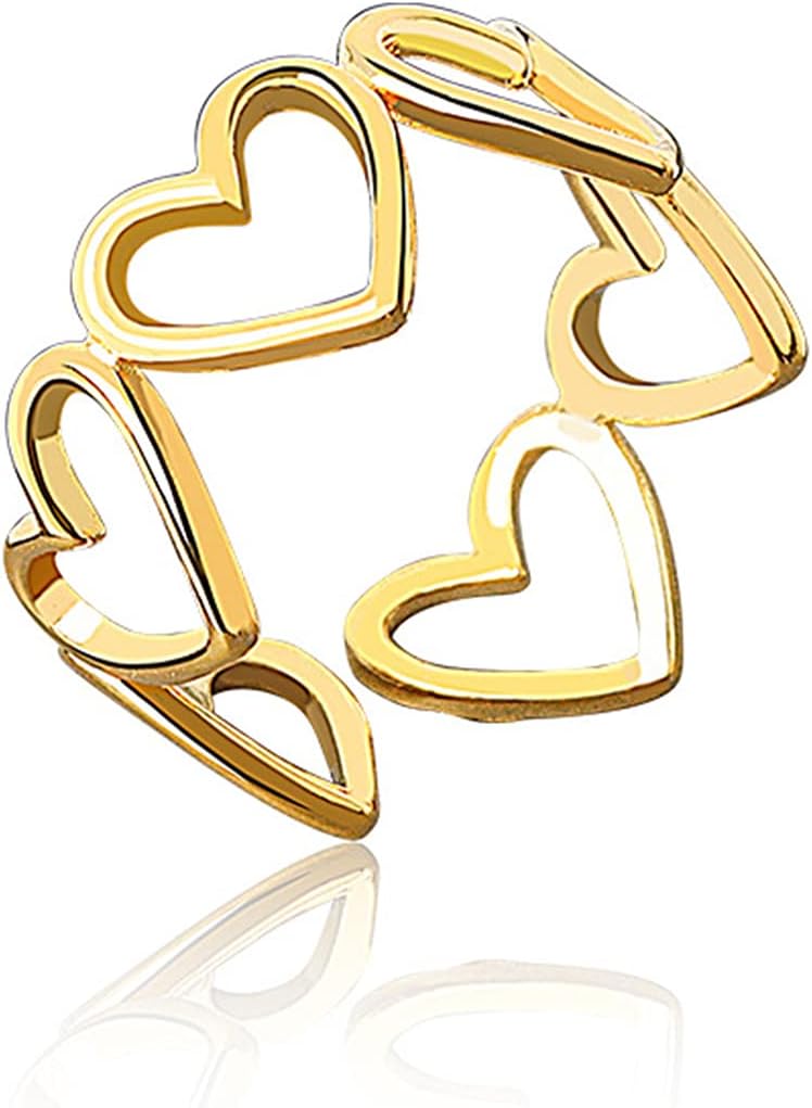 Gold Simple Love Bands Ring Hollow Heart Index Finger Ring for Women's Opening Adjustable Heart String Statement Ring