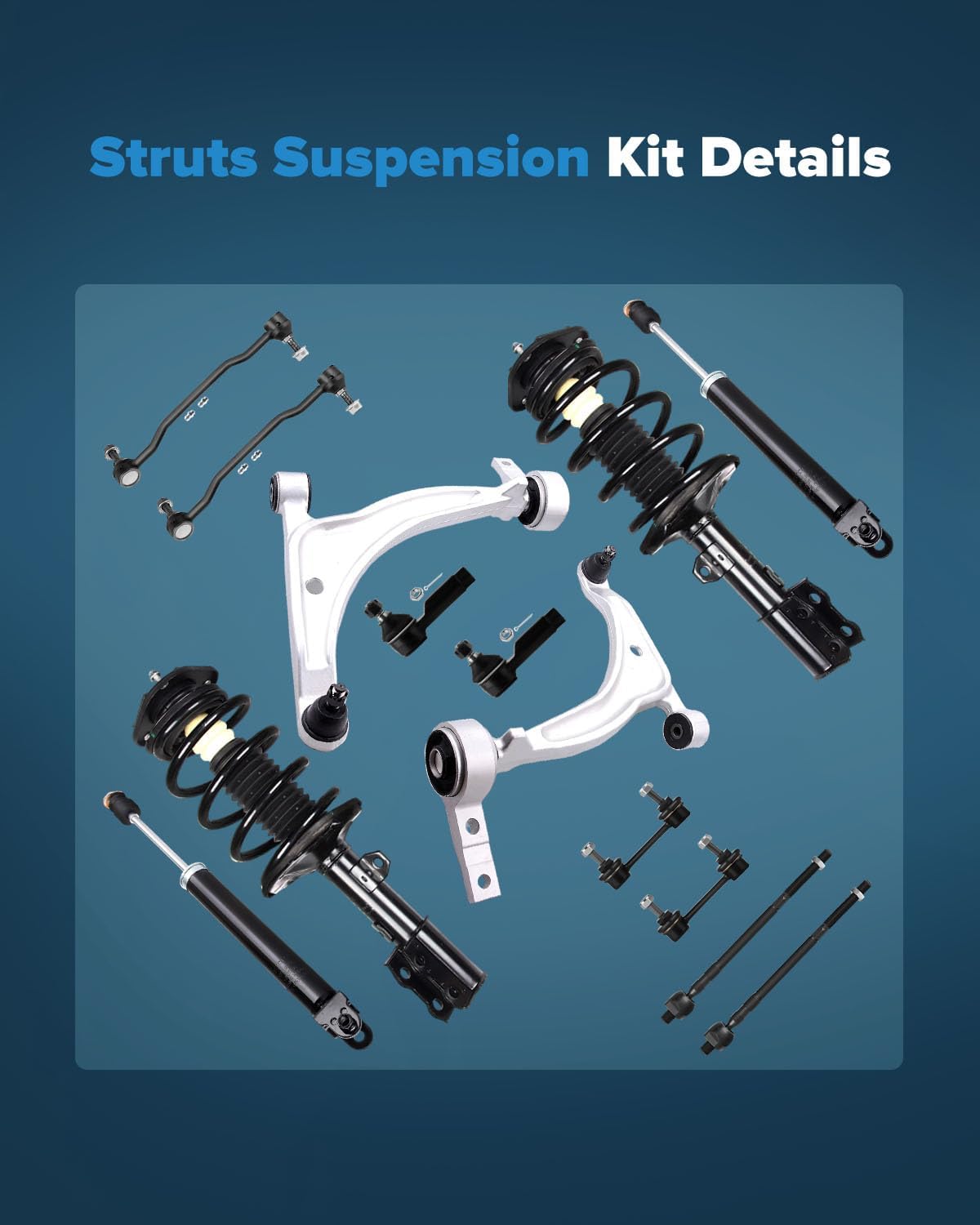 Struts Shock suspension kit for Nissan for Altima 2002 2003 2004 2005 2006 Complete Struts Assembly Control Arm and shock absorber Stabilizer Bar Link Kit Tie Rod End, 14 Pcs