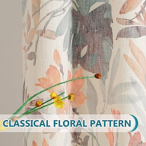 Image of MYSKY HOME Curtains 90 Inch Length Orange Curtains for Living Room Flower Printed Light Filtering Privacy Protect Drapes Set Natural Linen Look Window Treatment Grommet 2 Panels,Coral and Natural