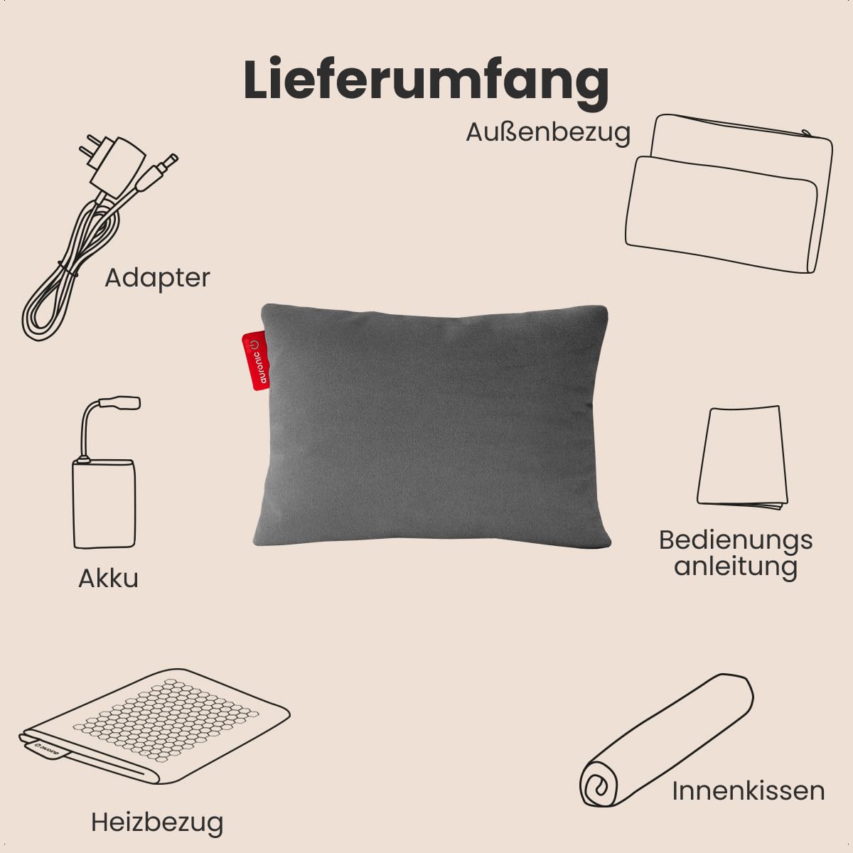 Auronic Heizkissen Kabellos - Wärmekissen mit Akku - Kabelloses Kissen mit Abschaltautomatik - Elektrisches - Beheizbares - Infrarot - Aufladbar - Für Rücken - 45x60cm