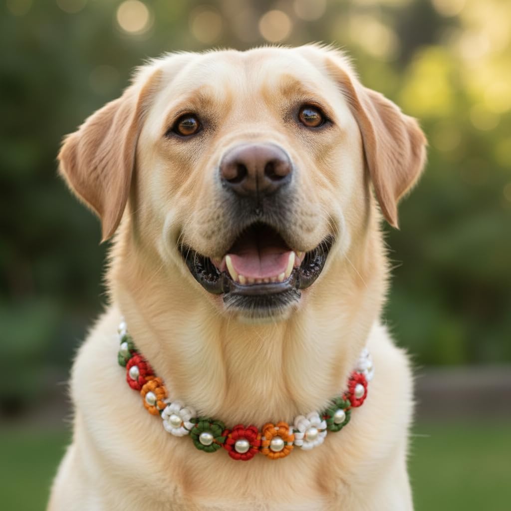 Cute Handmade Paracord Dog Collar Necklace – Unique Hand-Braided Festival Bloom Tone Multi-Color Flower Design Pet Accessory for Medium Large Dogs Fit 16-20" Neck Size L
