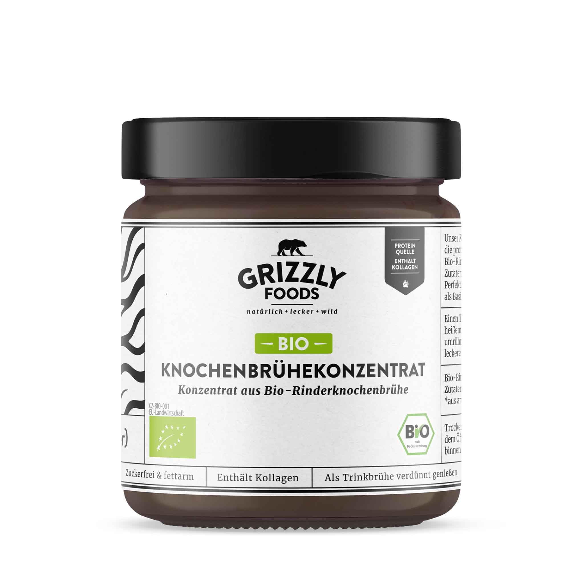 Grizzly Foods • Bio Knochenbrühe Konzentrat vom Rind 400g (160g Kollagen pro Glas) • natürlich & proteinreich • Ohne Zusätze • Trinkbrühe & Kochbasis in Bio-Qualität • Rinderknochenbrühenkonzentrat