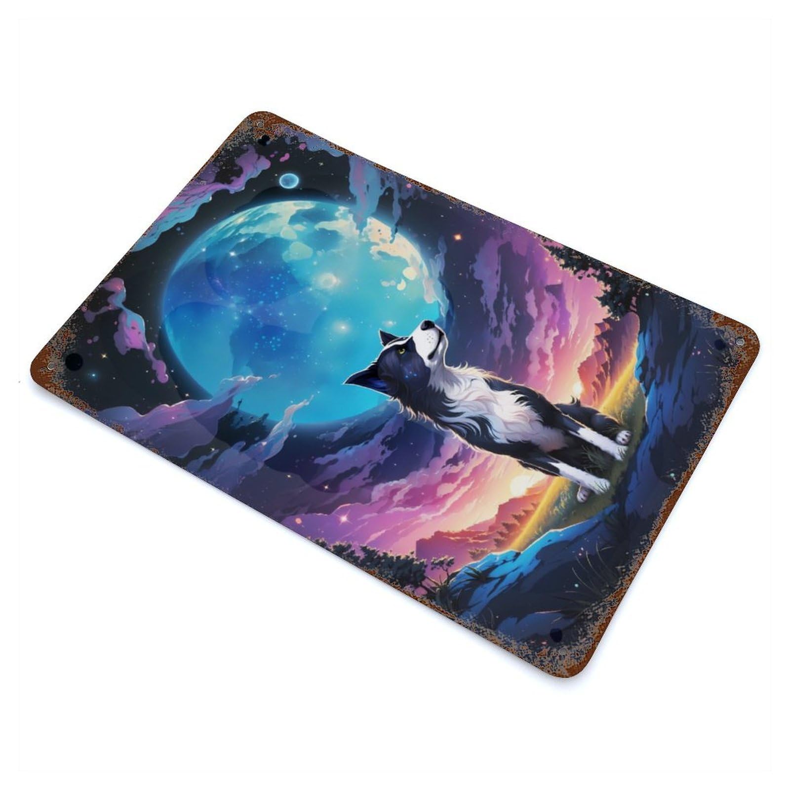 Moonlit Canine Rust Effect Tin Sign 11.8"x7.9", Ideal for Cafe, Home Bar And Lounge Decor