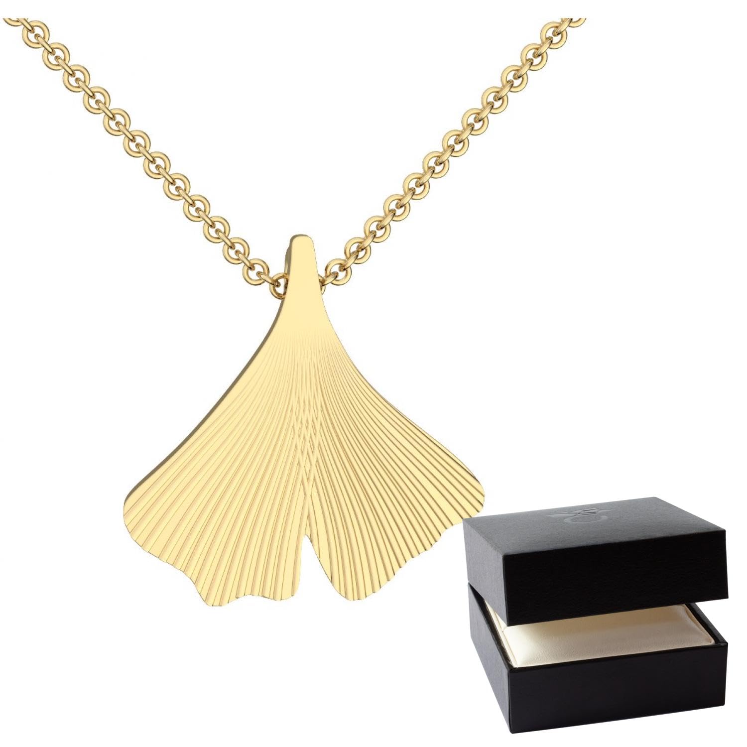Amoonìc Ginkgoblatt Anhänger mit Halskette in Gold hochwertig vergoldet | inkl. Luxus-Etui Kettenanhänger Damen Gingko Anhänger Ginko Blatt glänzend Kette Gelbgold
